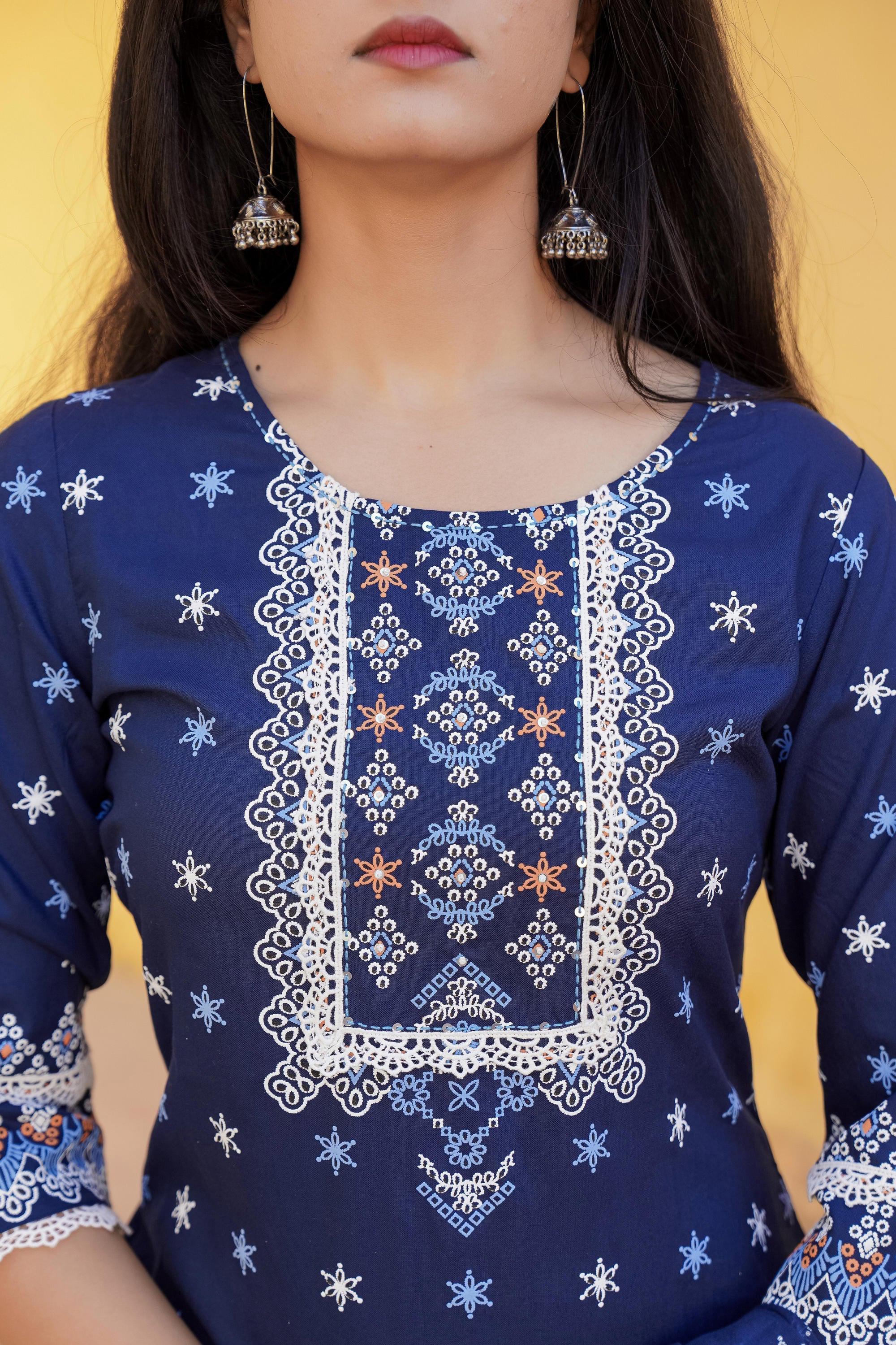 Juniper Navy Ethnic Motif Printed Viscose Kurta Pant And Dupatta Set With Sequins & Lace - Distacart