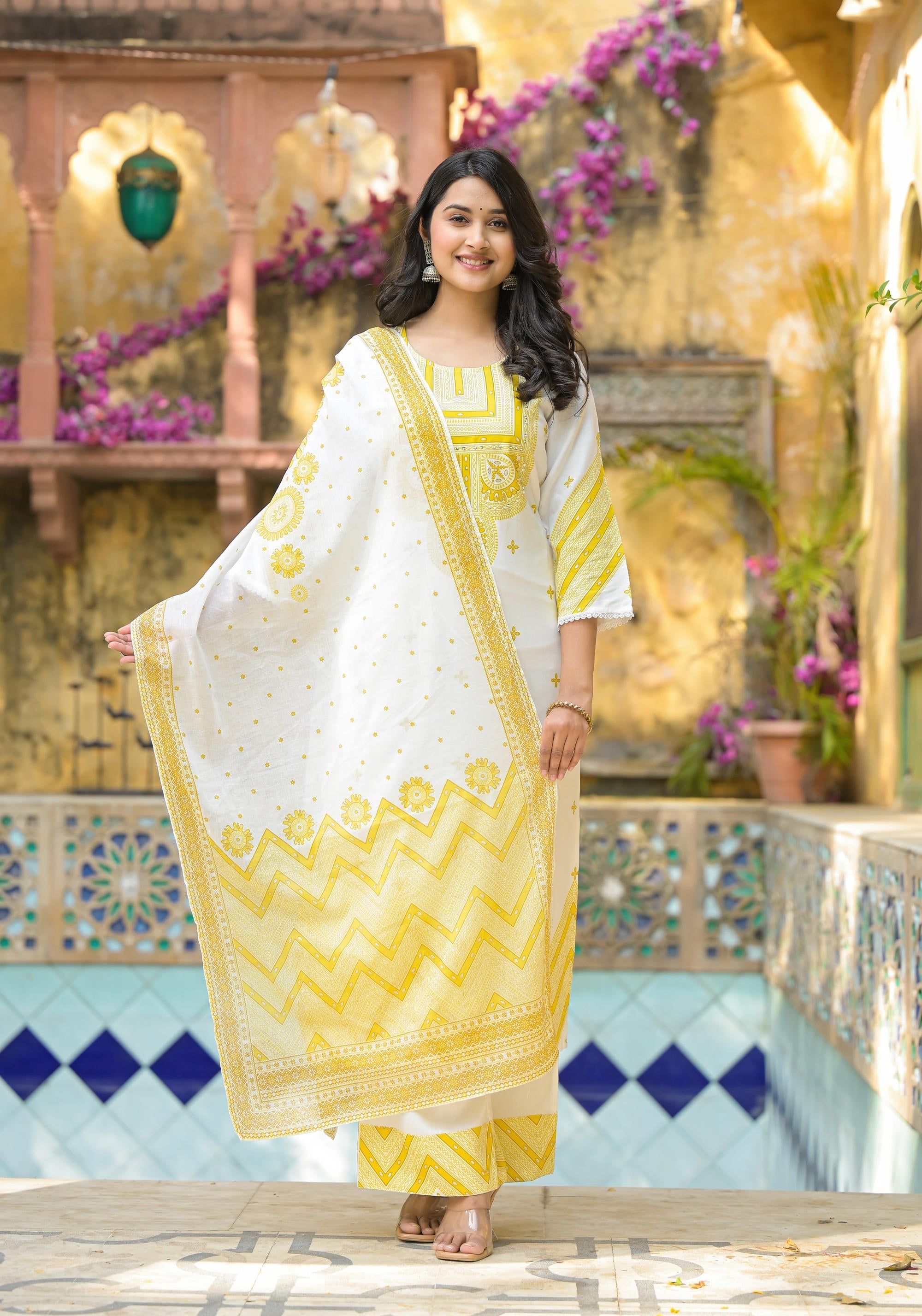 Juniper Mustard Ethnic Motif Printed Viscose Kurta Pant And Dupatta Set With Sequins & Beads - Distacart
