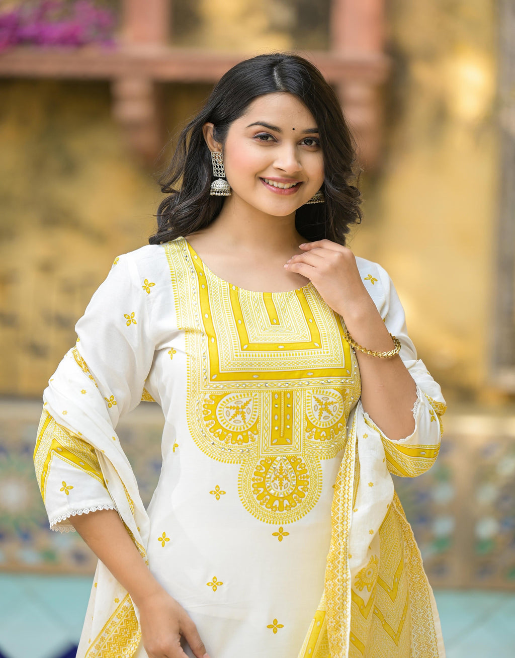 Juniper Mustard Ethnic Motif Printed Viscose Kurta Pant And Dupatta Set With Sequins & Beads - Distacart