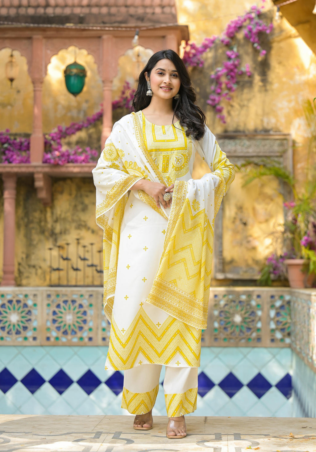 Juniper Mustard Ethnic Motif Printed Viscose Kurta Pant And Dupatta Set With Sequins & Beads - Distacart