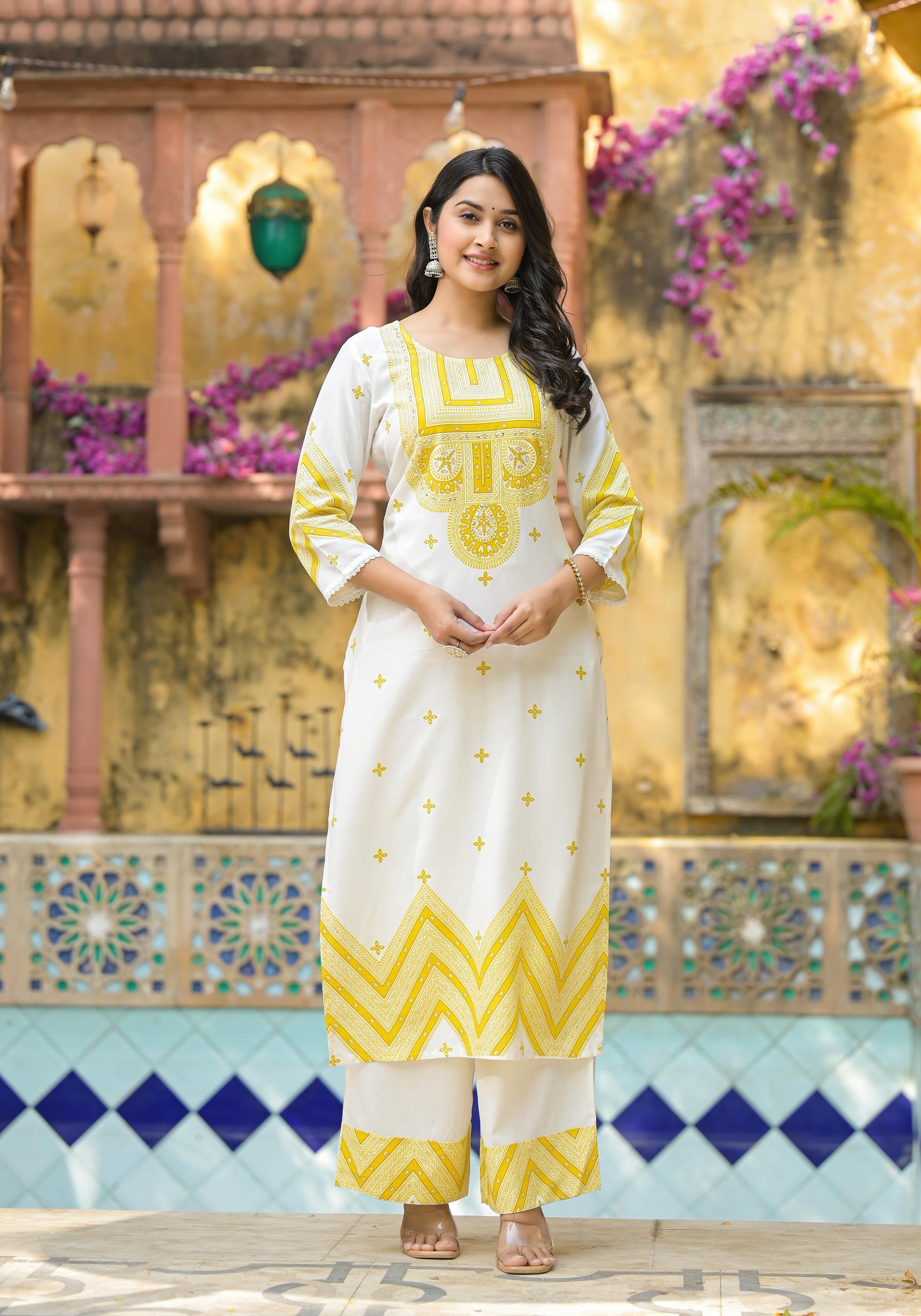 Juniper Mustard Ethnic Motif Printed Viscose Kurta Pant And Dupatta Set With Sequins & Beads - Distacart