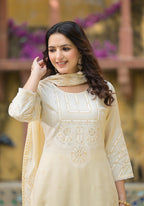Juniper White Ethnic Motif Printed Viscose Kurta Pant And Dupatta Set With Sequins & Beads - Distacart