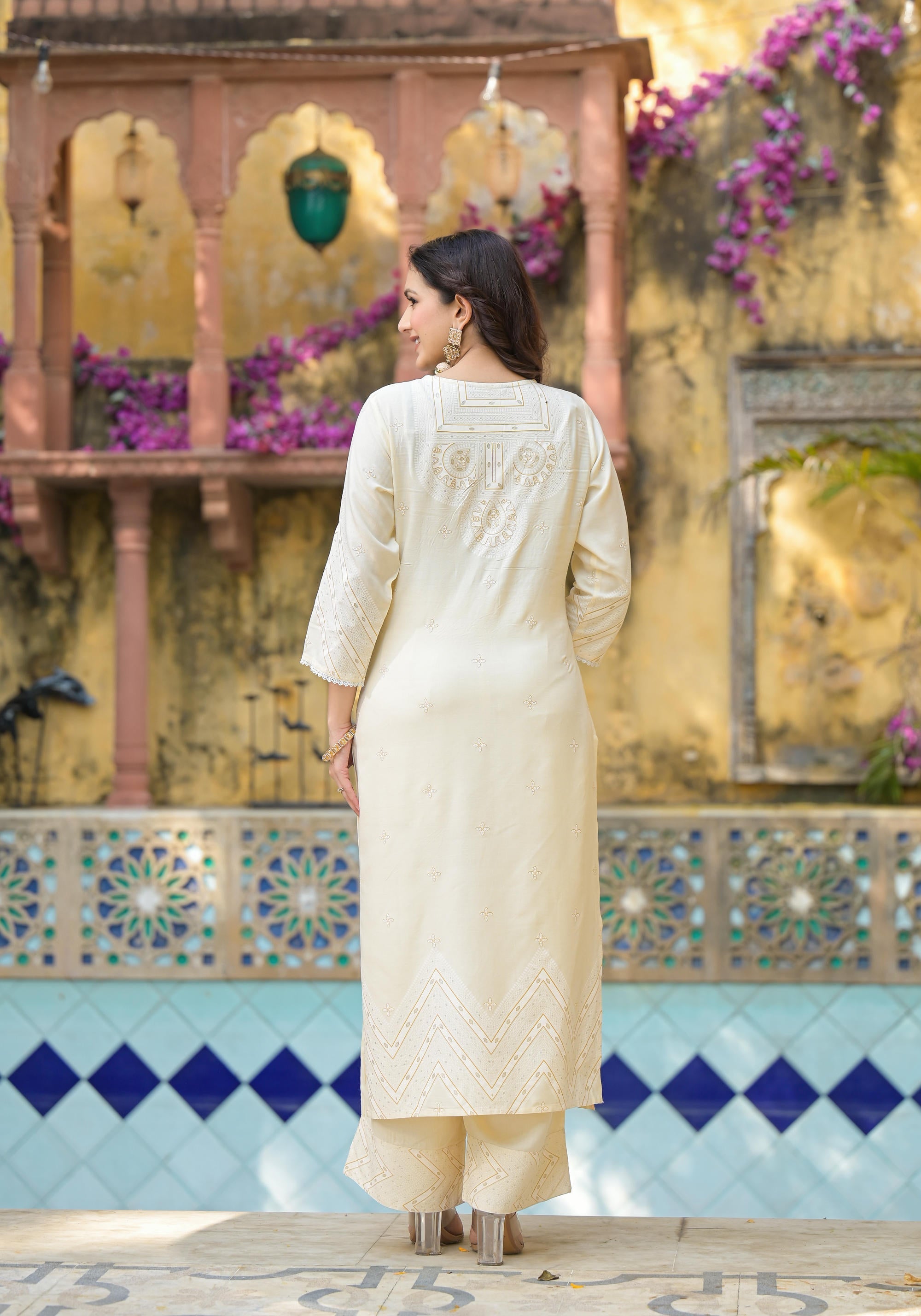 Juniper White Ethnic Motif Printed Viscose Kurta Pant And Dupatta Set With Sequins & Beads - Distacart