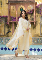 Juniper White Ethnic Motif Printed Viscose Kurta Pant And Dupatta Set With Sequins & Beads - Distacart