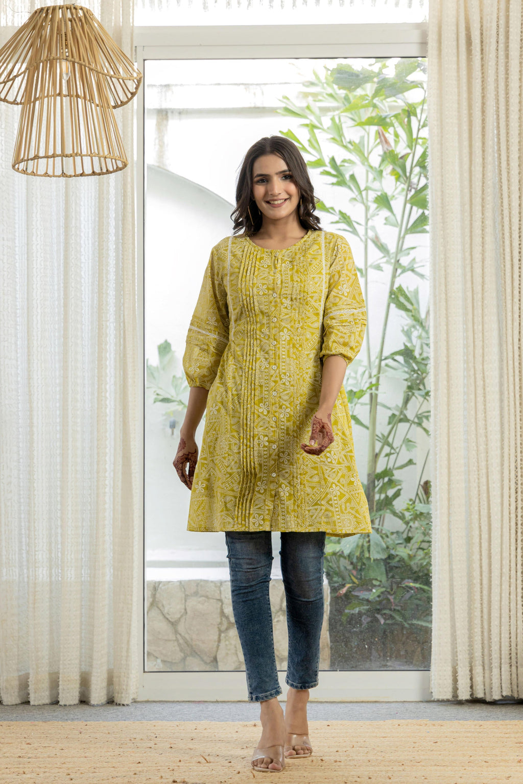 Juniper Lemon Ethnic Motif Printed Cotton Kurta With Button Closure - Distacart