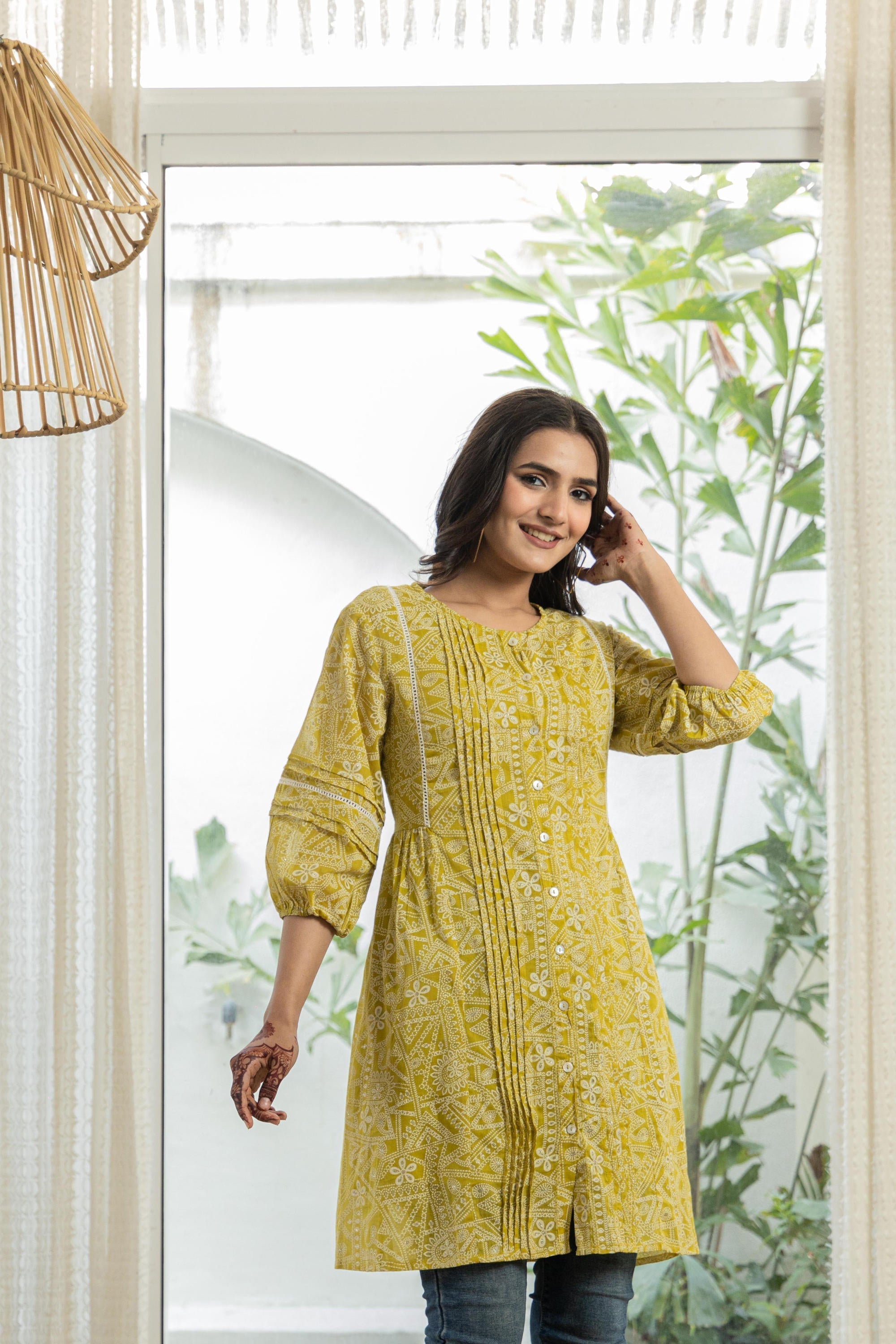 Juniper Lemon Ethnic Motif Printed Cotton Kurta With Button Closure - Distacart