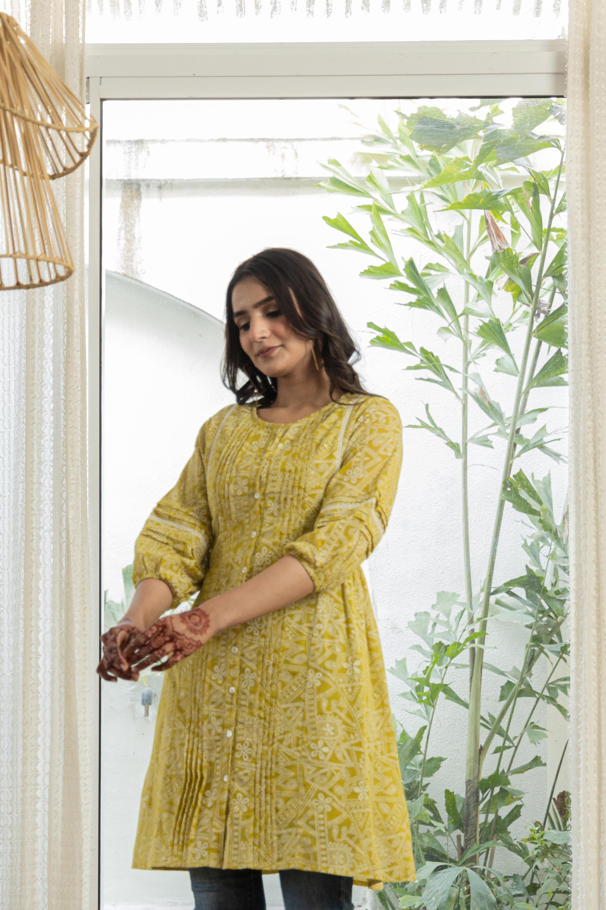 Juniper Lemon Ethnic Motif Printed Cotton Kurta With Button Closure - Distacart