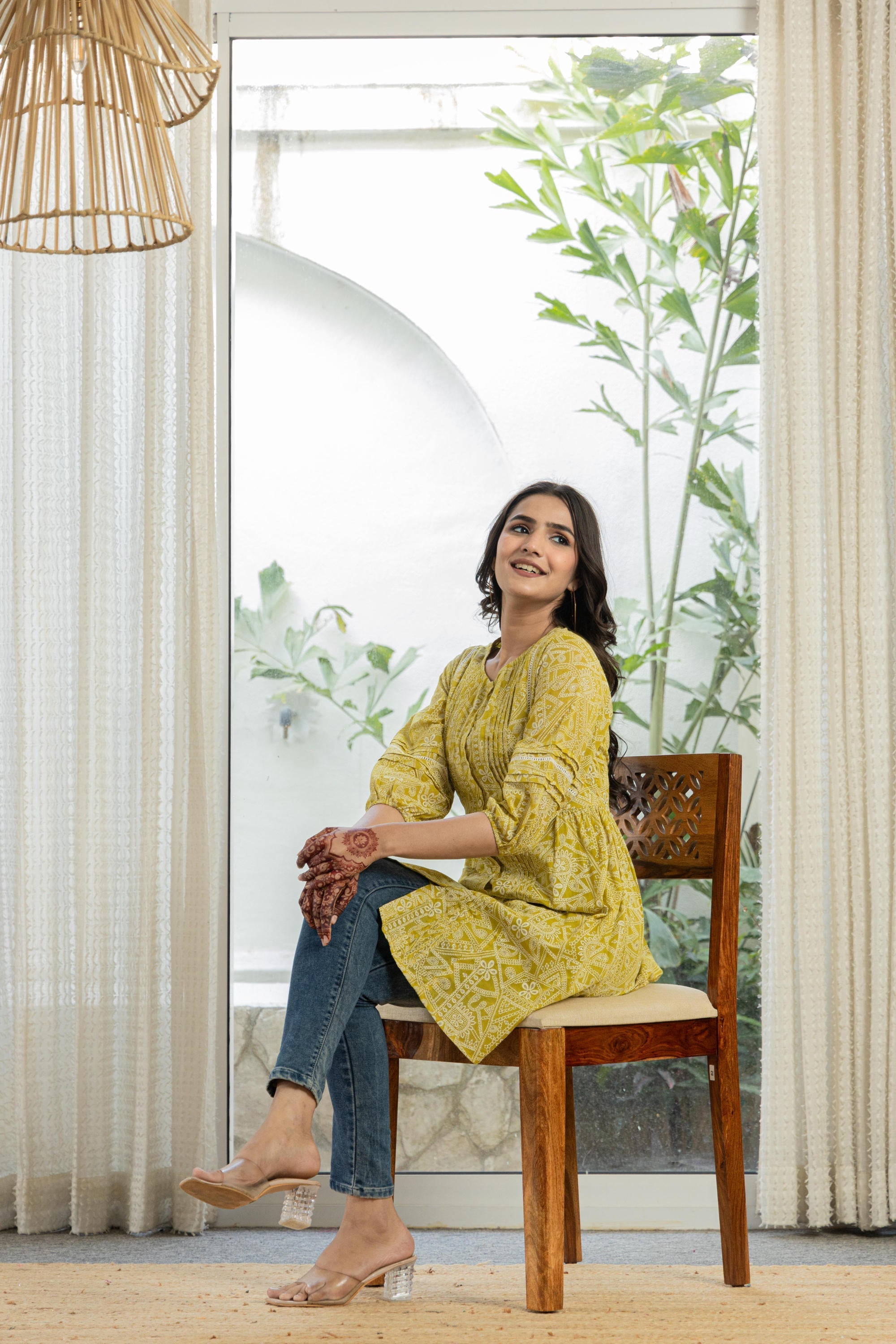 Juniper Lemon Ethnic Motif Printed Cotton Kurta With Button Closure - Distacart
