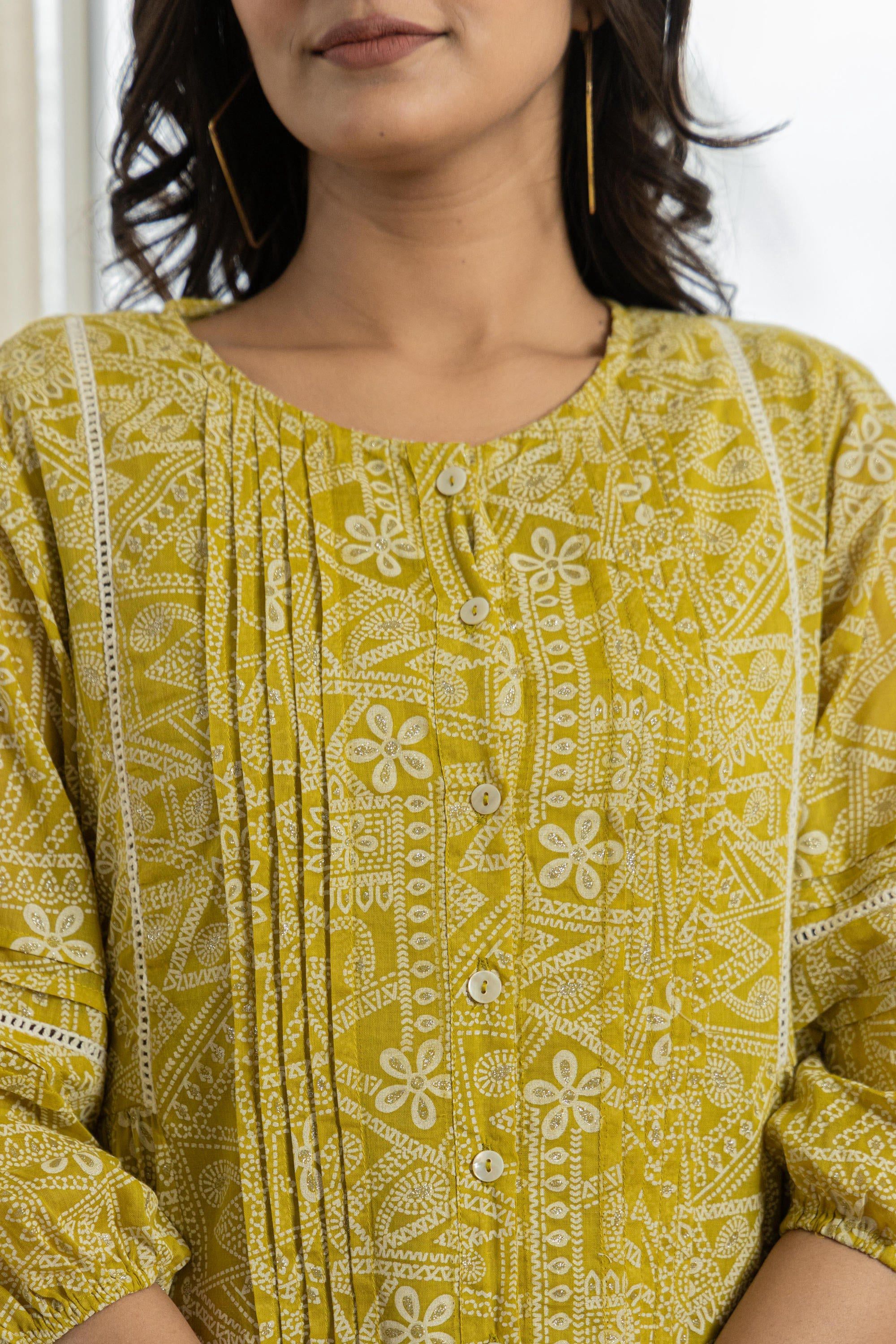 Juniper Lemon Ethnic Motif Printed Cotton Kurta With Button Closure - Distacart