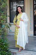 Juniper Lime Green Printed Cotton Kurta With Palazzo & Chiffon Dupatta - Distacart