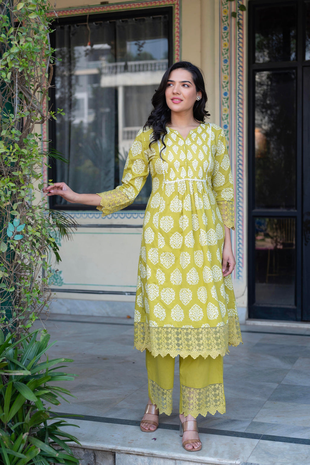 Juniper Lime Green Printed Cotton Kurta with Palazzo & Chiffon Dupatta