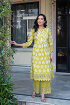 Juniper Lime Green Printed Cotton Kurta with Palazzo & Chiffon Dupatta