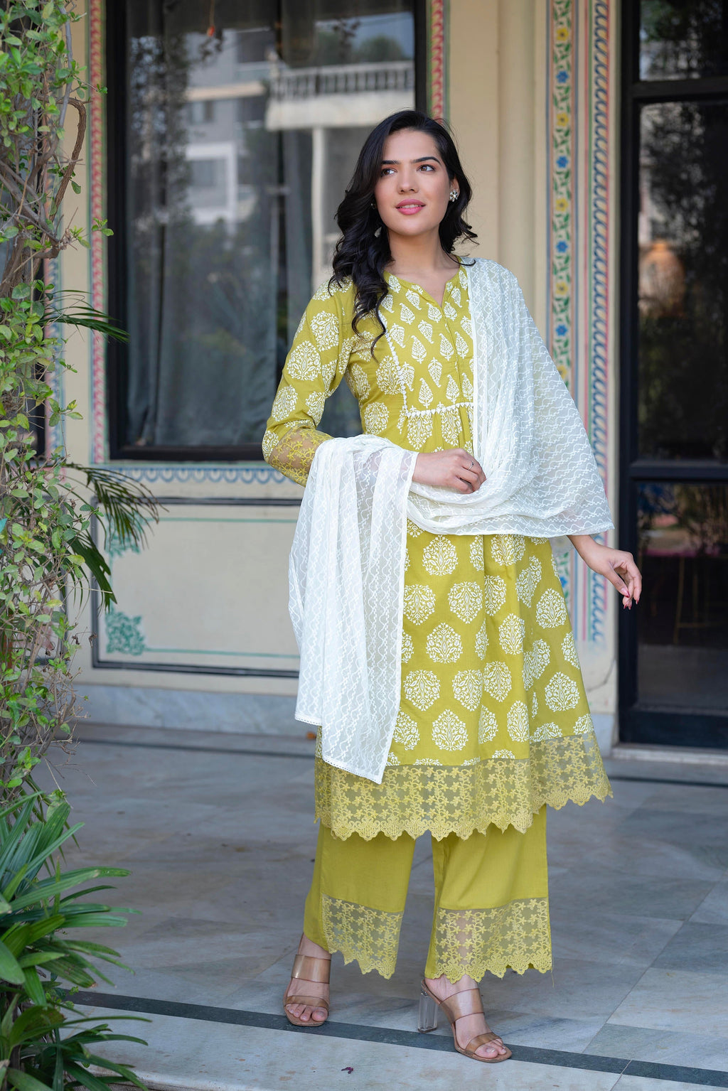 Juniper Lime Green Printed Cotton Kurta with Palazzo & Chiffon Dupatta