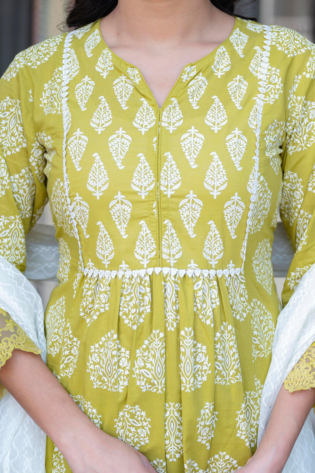 Juniper Lime Green Printed Cotton Kurta with Palazzo & Chiffon Dupatta