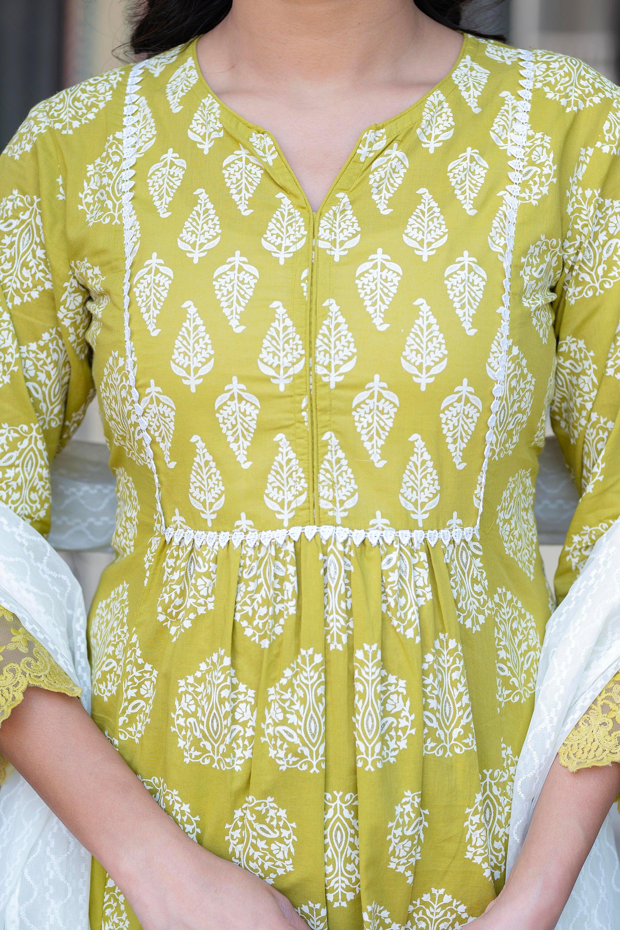 Juniper Lime Green Printed Cotton Kurta with Palazzo & Chiffon Dupatta
