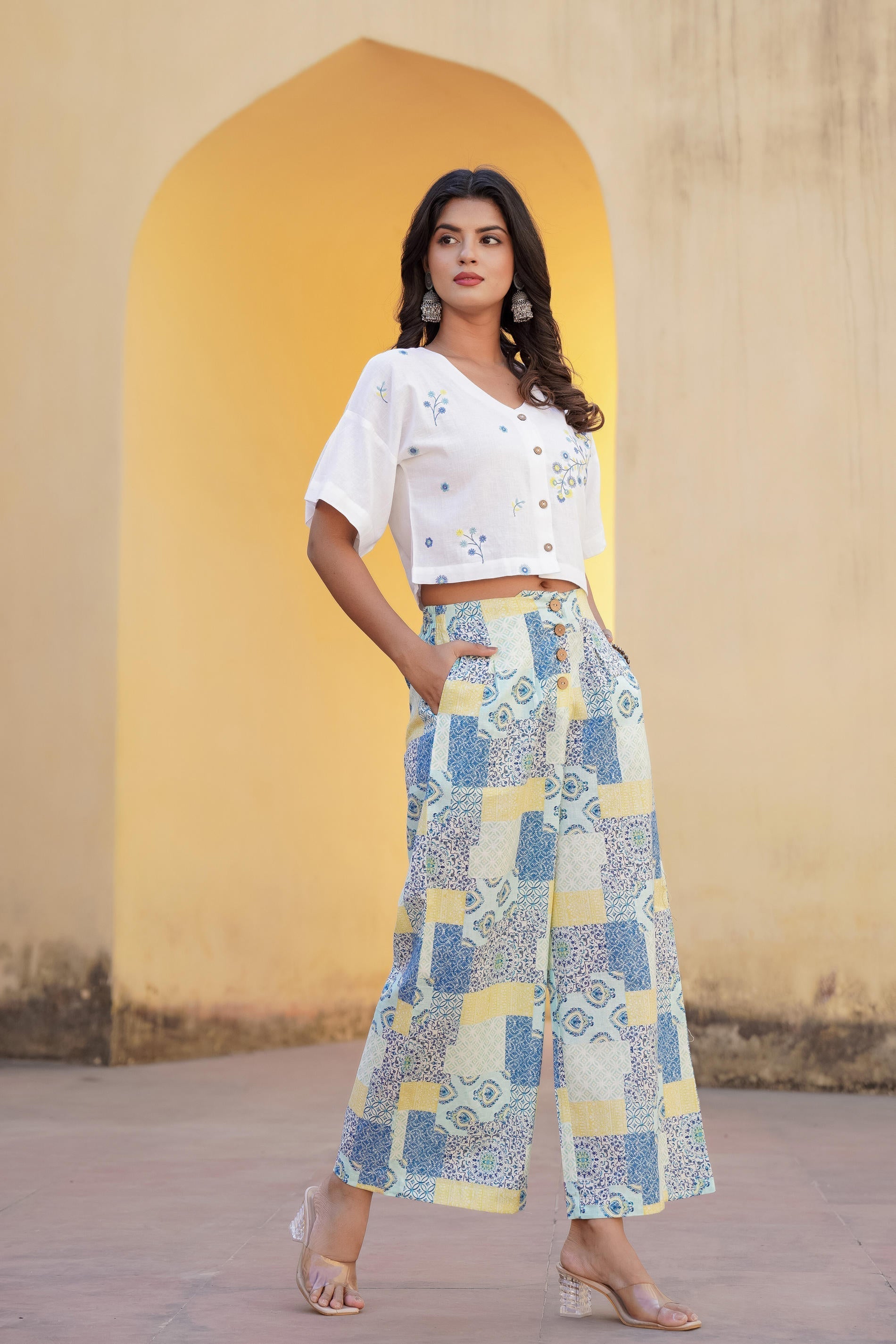 Juniper Blue Ethnic Motif Printed Viscose Top & Palazzo With Thread & Mirror Work
