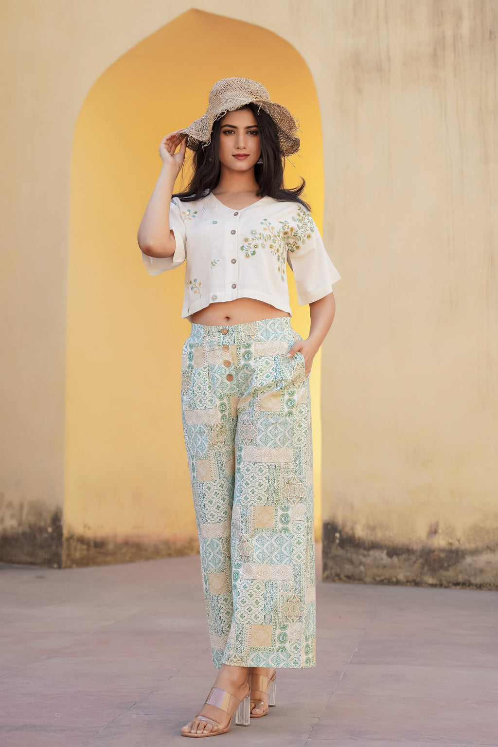 Juniper White & Mint Green Ethnic Motif Printed Viscose Top & Palazzo With Thread & Mirror Work - Distacart