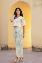 Juniper White & Mint Green Ethnic Motif Printed Viscose Top & Palazzo With Thread & Mirror Work - Distacart