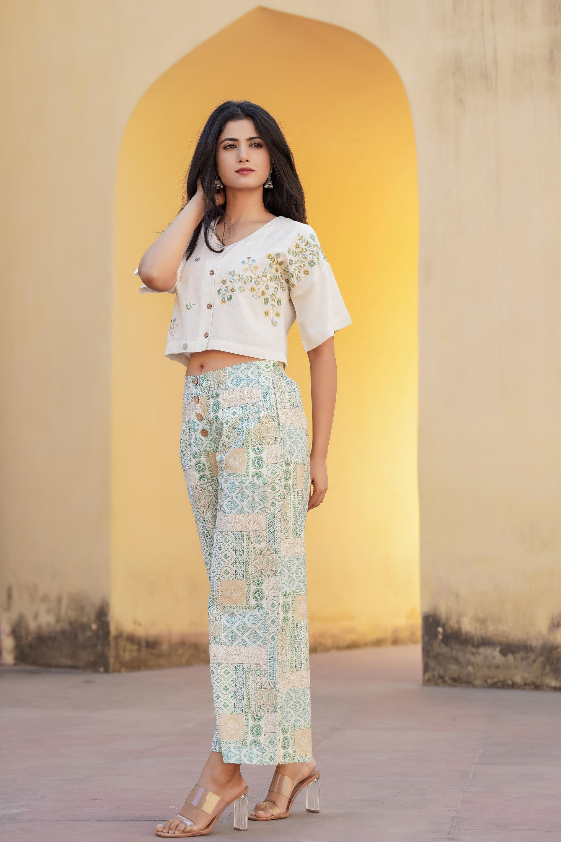Juniper White & Mint Green Ethnic Motif Printed Viscose Top & Palazzo With Thread & Mirror Work - Distacart