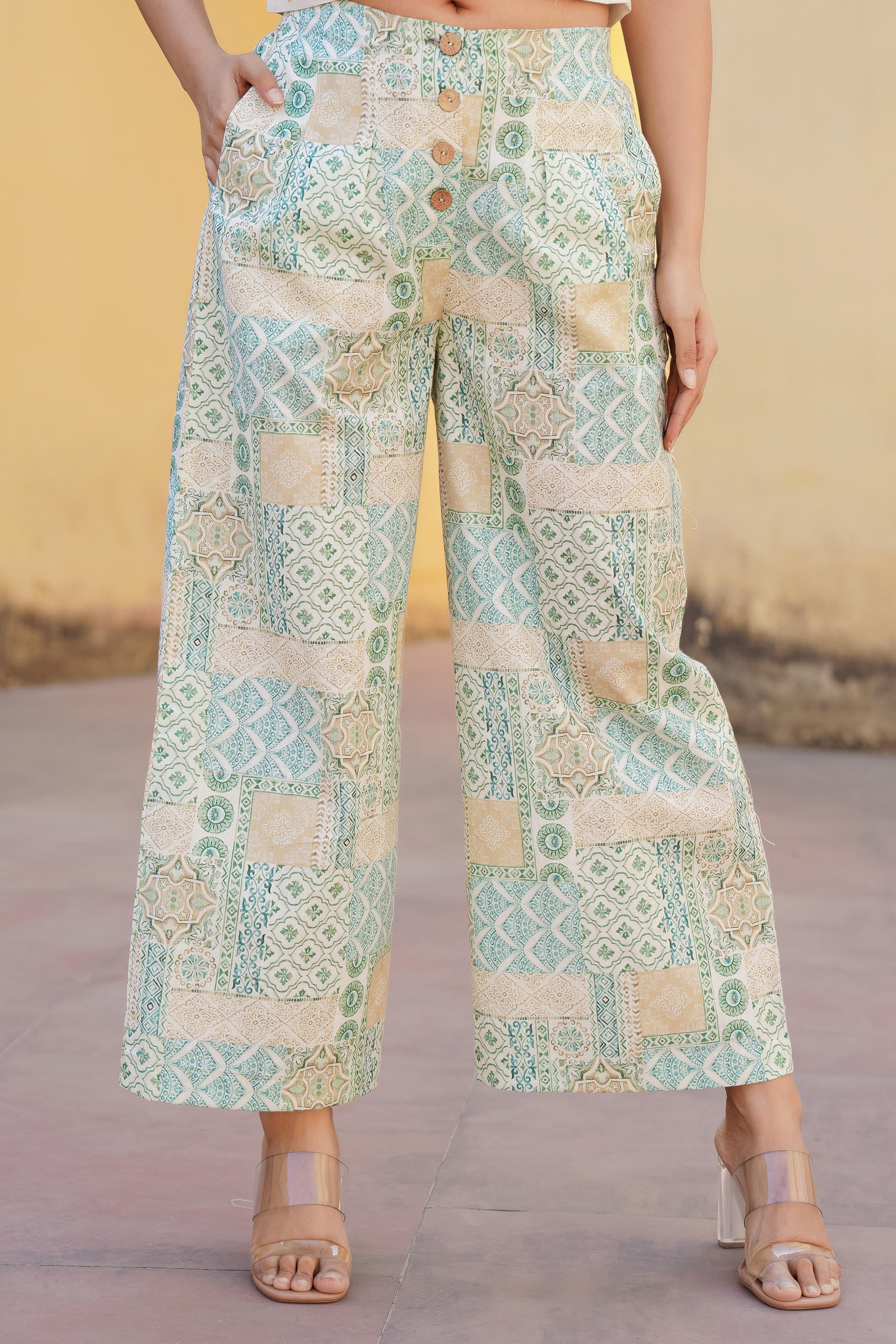 Juniper White & Mint Green Ethnic Motif Printed Viscose Top & Palazzo With Thread & Mirror Work - Distacart