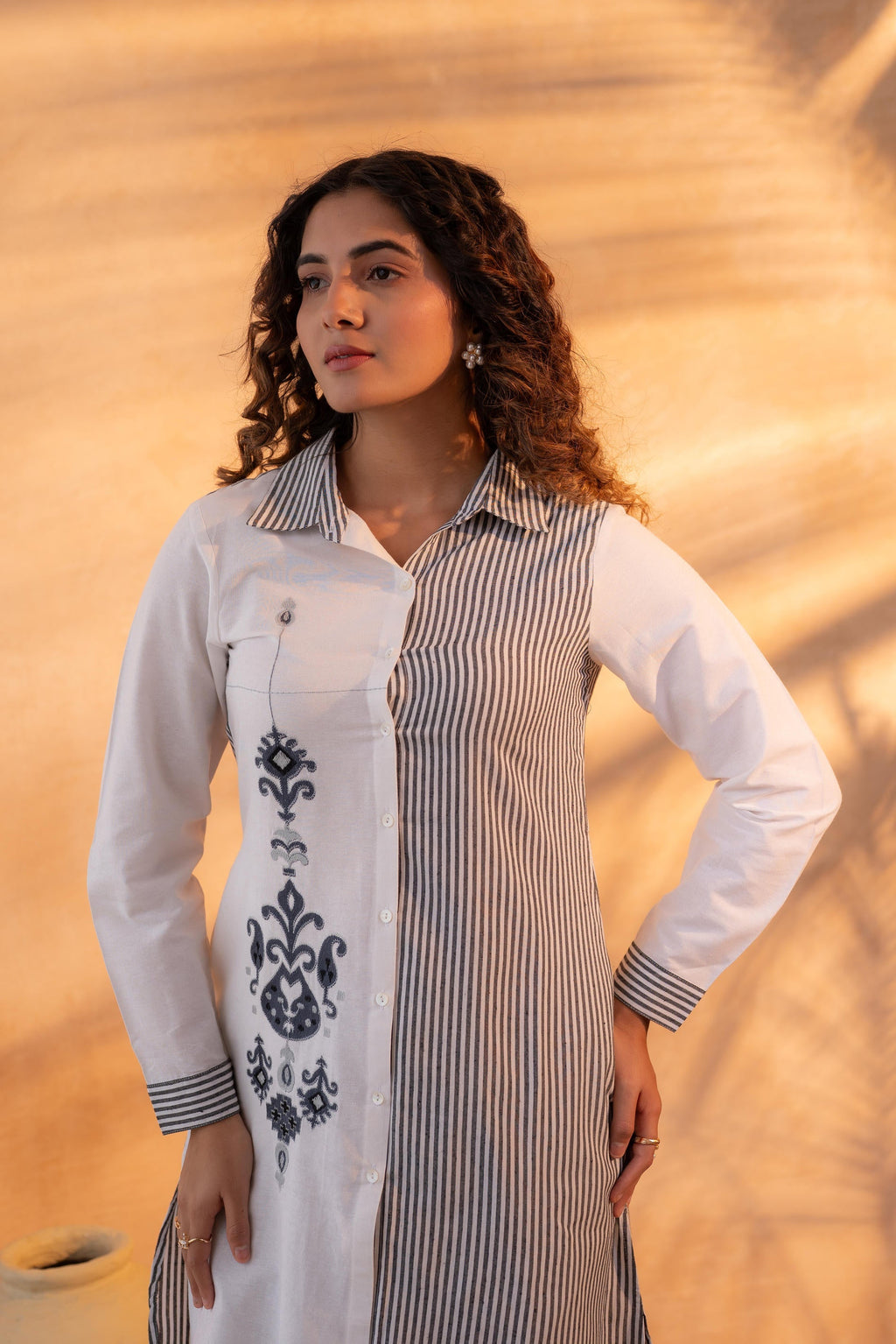 Juniper Black & White Divide Embroidered Panel Kurta Set - Distacart