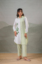 Juniper LightGreen & White Divide Embroidered Panel Kurta Set - Distacart