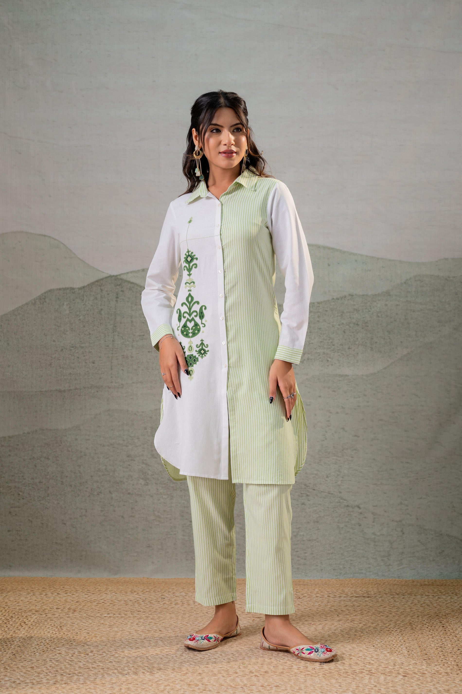Juniper LightGreen & White Divide Embroidered Panel Kurta Set - Distacart