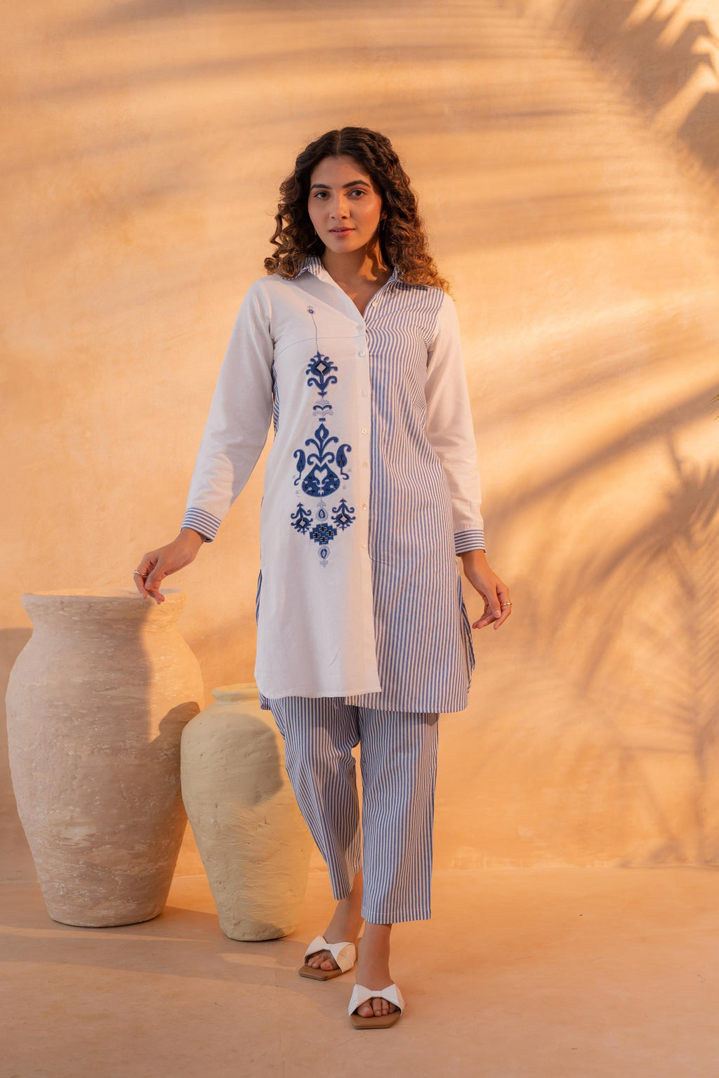 Juniper NavyBlue & White Divide Embroidered Panel Kurta Set - Distacart