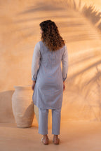 Juniper NavyBlue & White Divide Embroidered Panel Kurta Set - Distacart