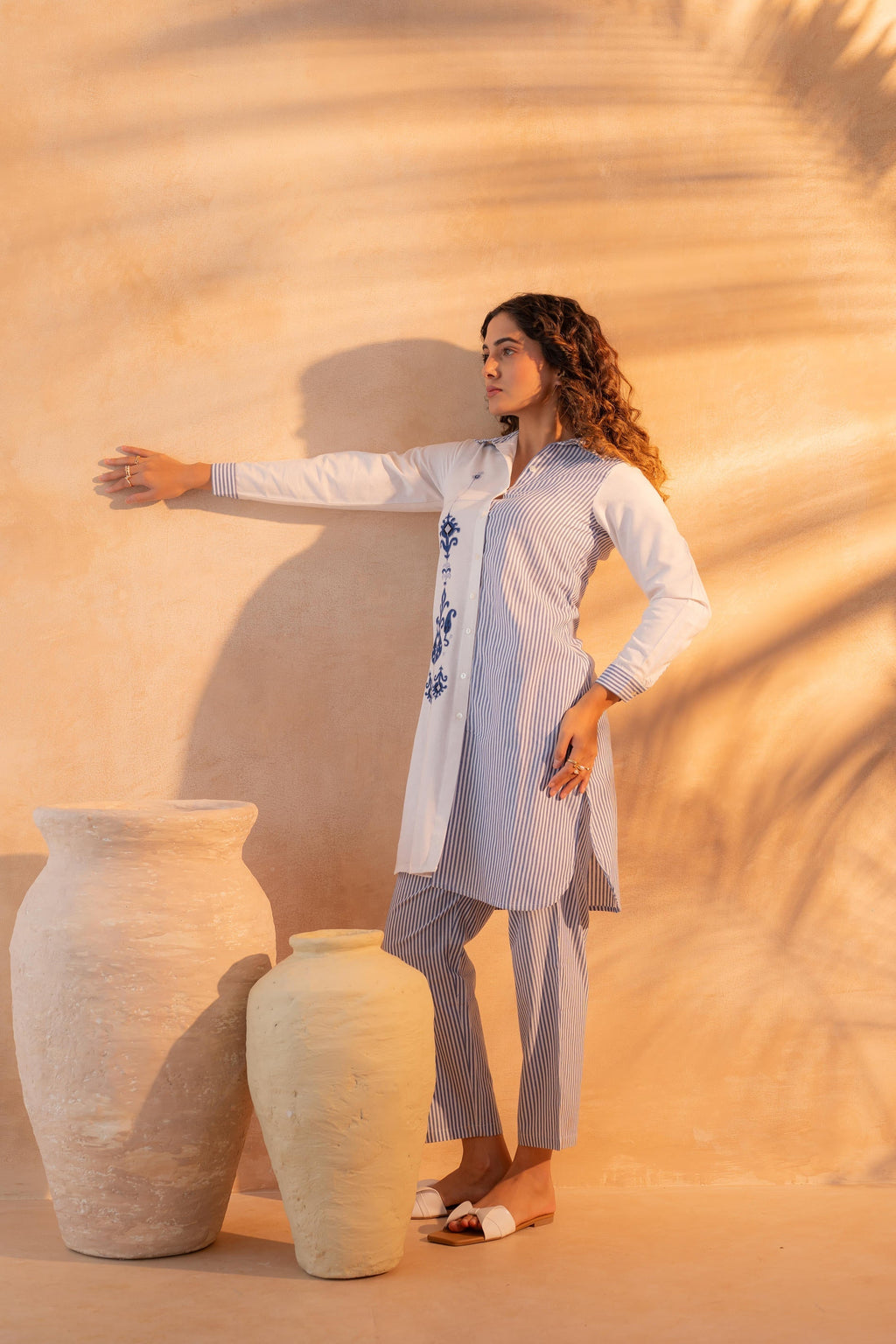 Juniper NavyBlue & White Divide Embroidered Panel Kurta Set - Distacart