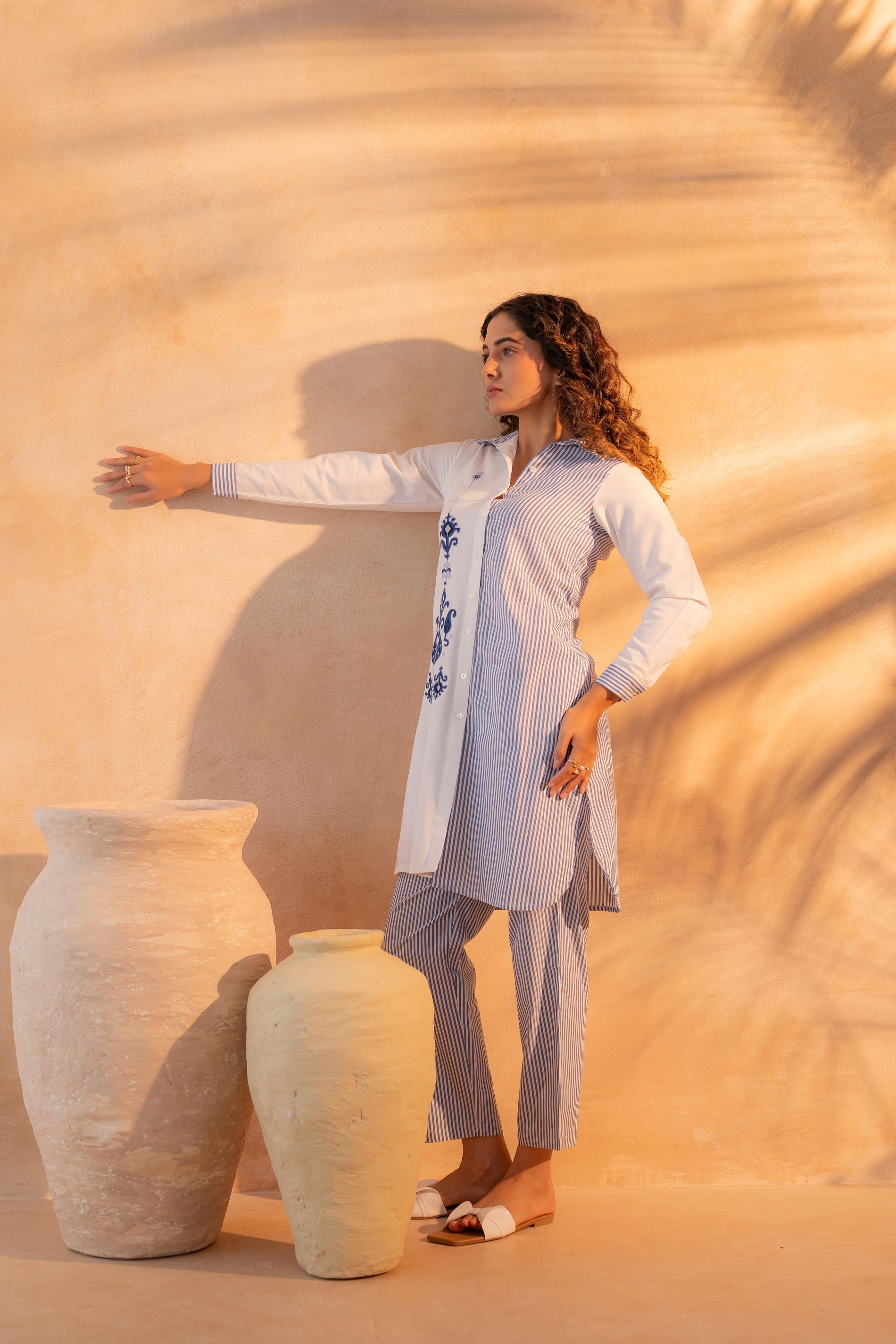 Juniper NavyBlue & White Divide Embroidered Panel Kurta Set - Distacart