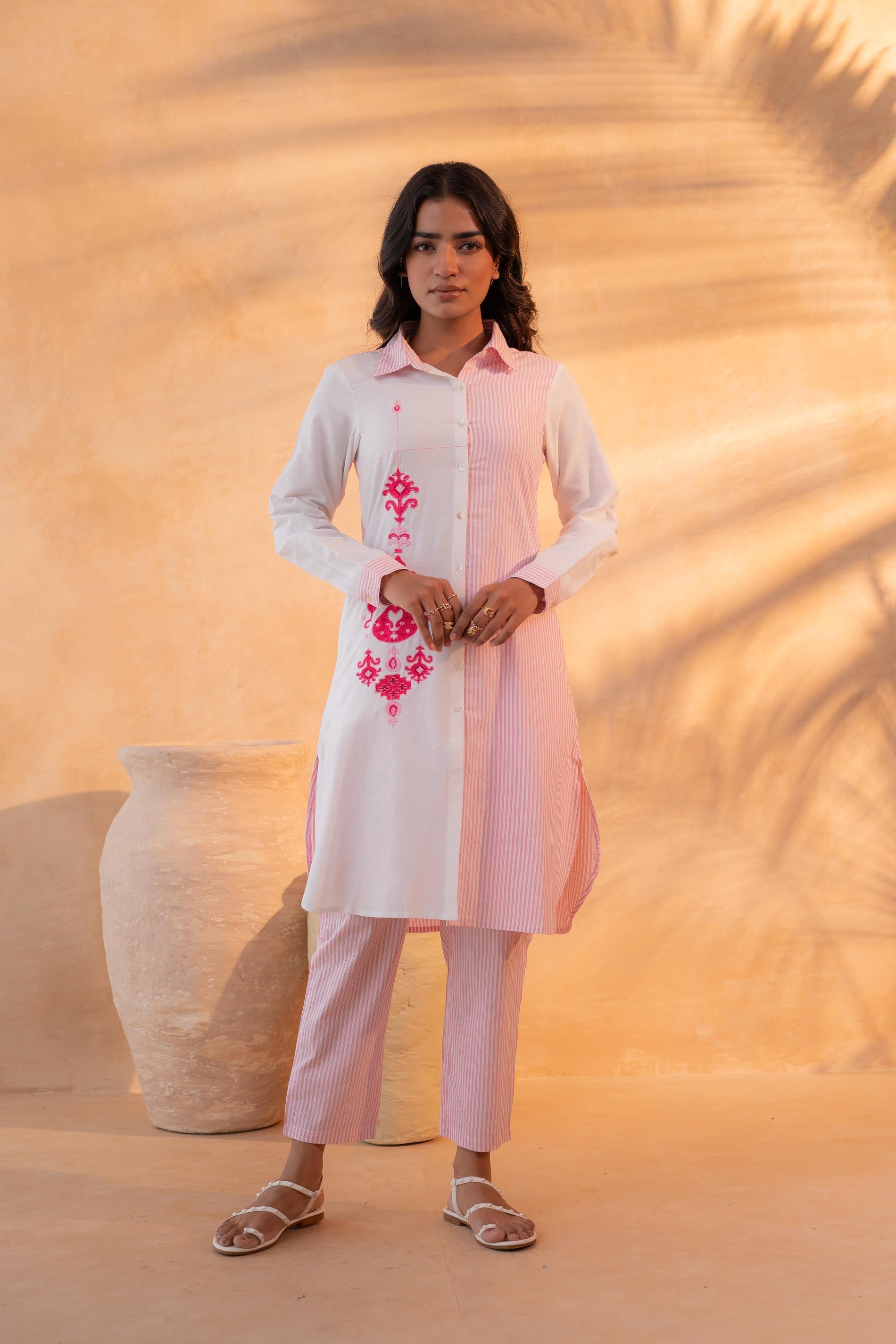 Juniper Pink & White Divide Embroidered Panel Kurta Set - Distacart