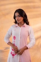 Juniper Pink & White Divide Embroidered Panel Kurta Set - Distacart