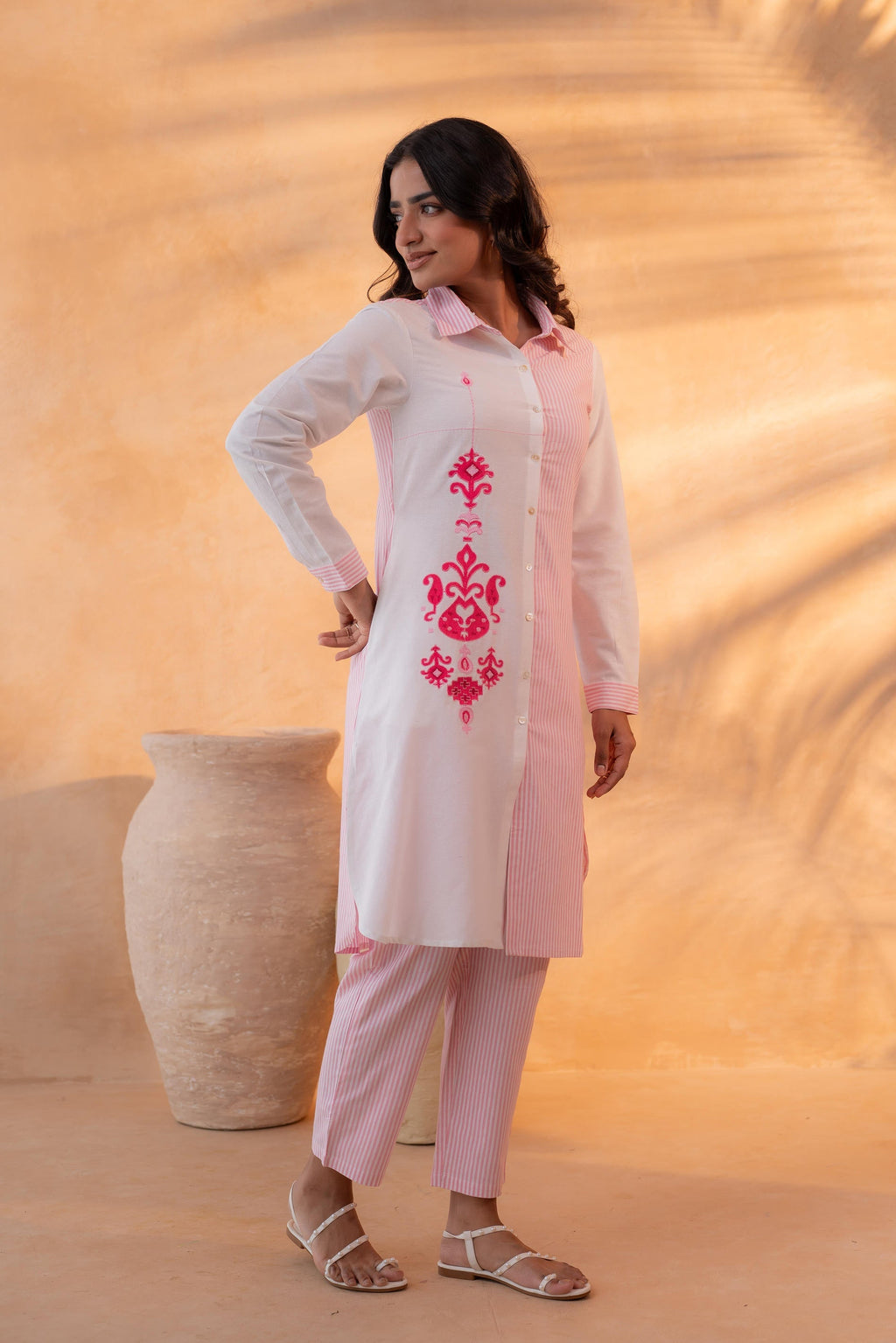 Juniper Pink & White Divide Embroidered Panel Kurta Set - Distacart