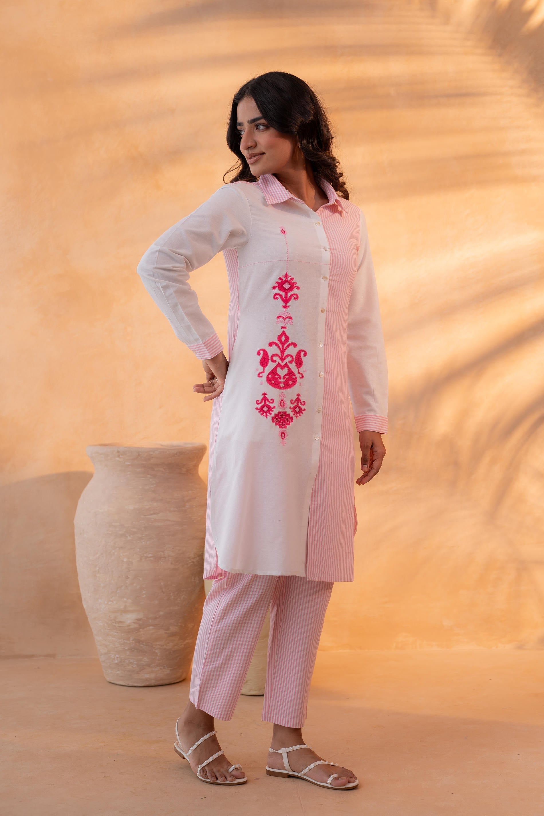 Juniper Pink & White Divide Embroidered Panel Kurta Set - Distacart
