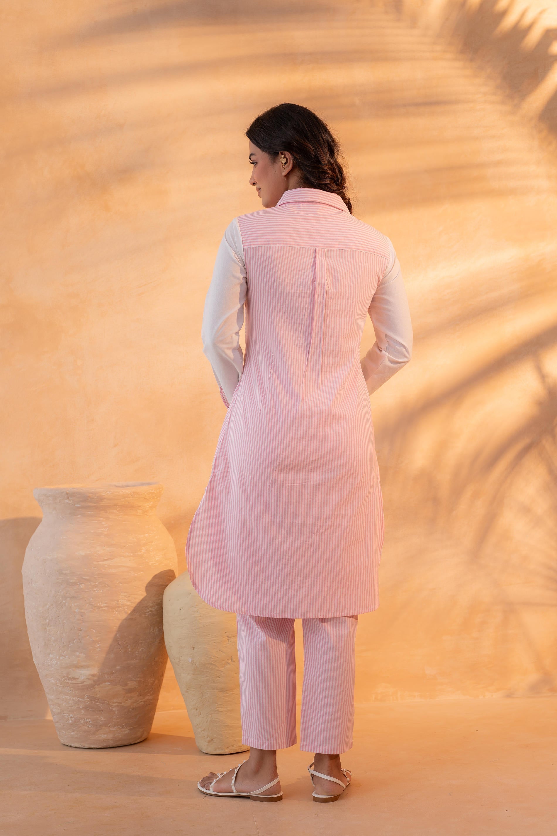 Juniper Pink & White Divide Embroidered Panel Kurta Set - Distacart
