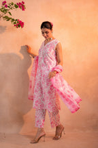 Juniper Pink Whisper Floral Kurta Pant And Dupatta Set - Distacart