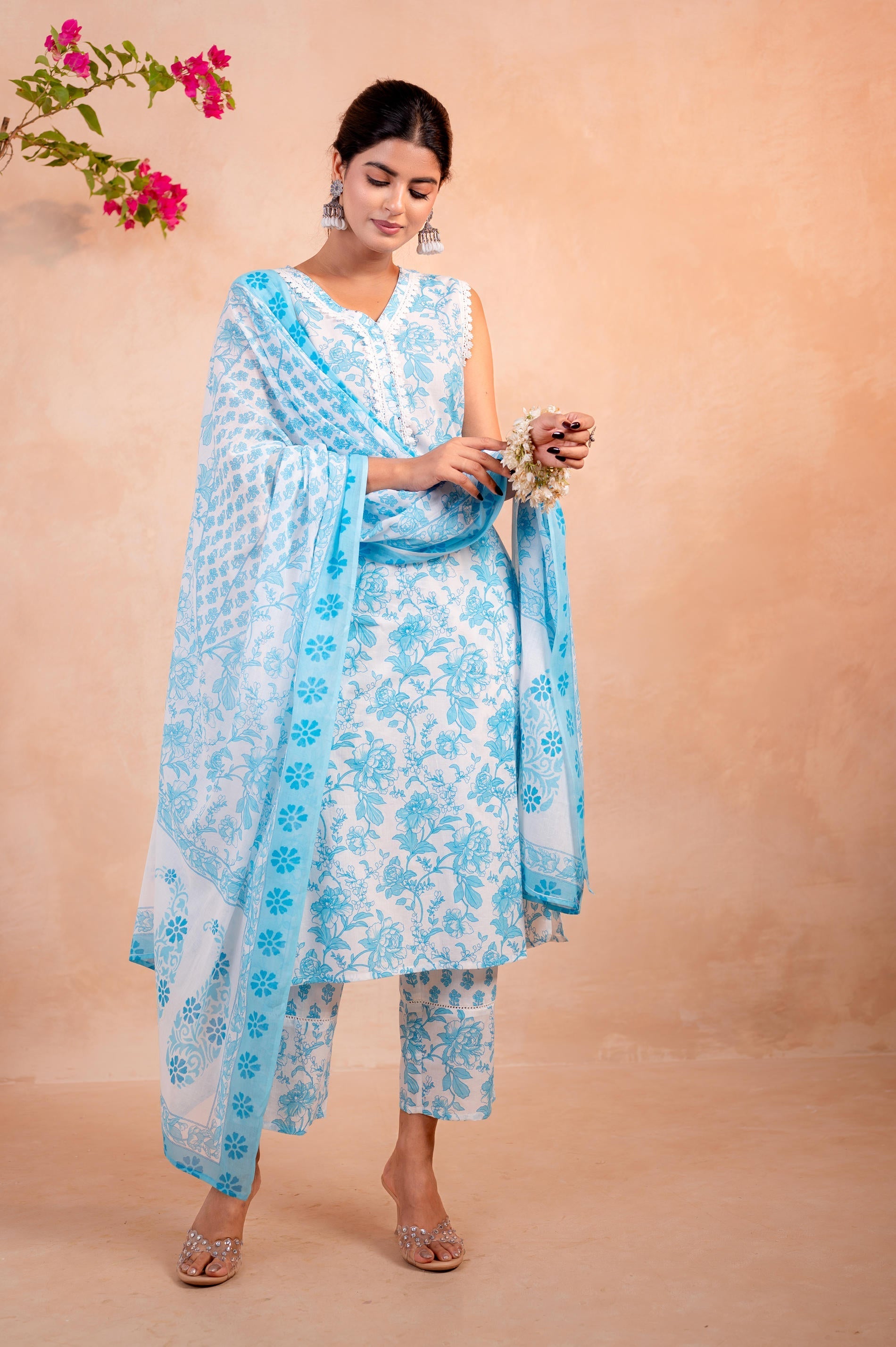 Juniper Sky Blue Whisper Floral Kurta Pant And Dupatta Set - Distacart