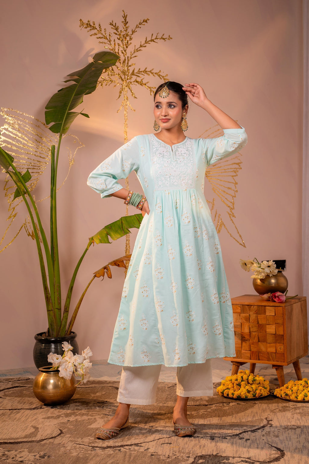 Juniper Ocean Aqua Embroidered Kurta - Distacart