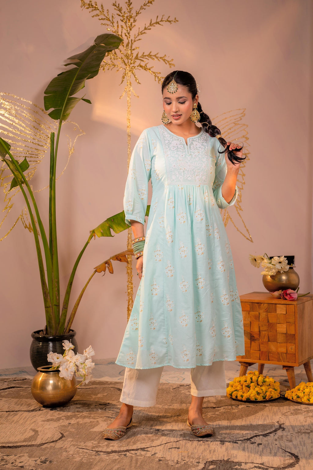 Juniper Ocean Aqua Embroidered Kurta - Distacart