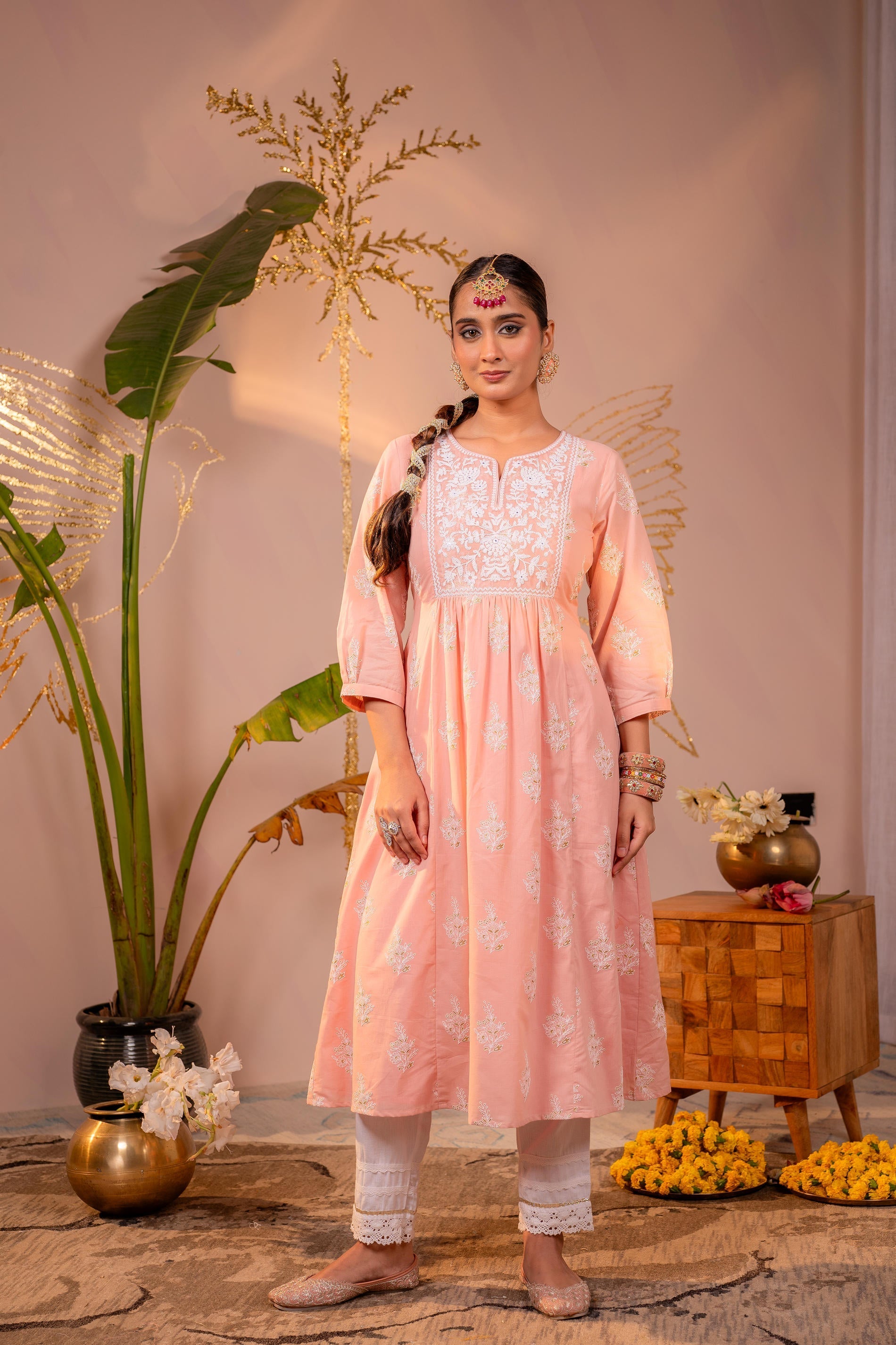 Juniper Gulnaar Peach Embroidered Kurta - Distacart
