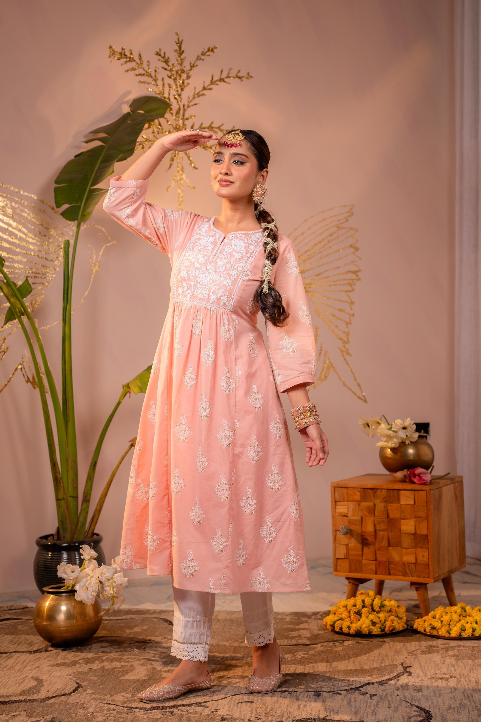 Juniper Gulnaar Peach Embroidered Kurta - Distacart