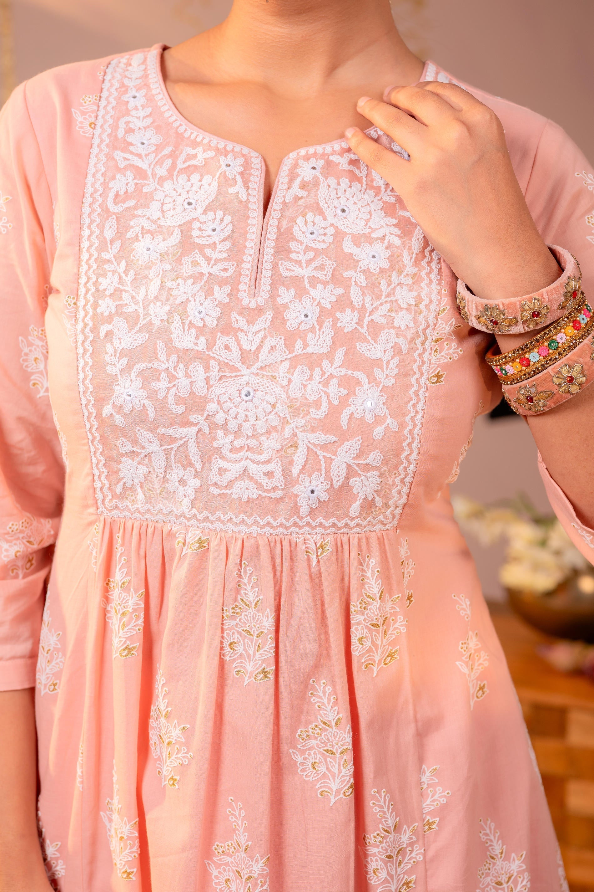 Juniper Gulnaar Peach Embroidered Kurta - Distacart