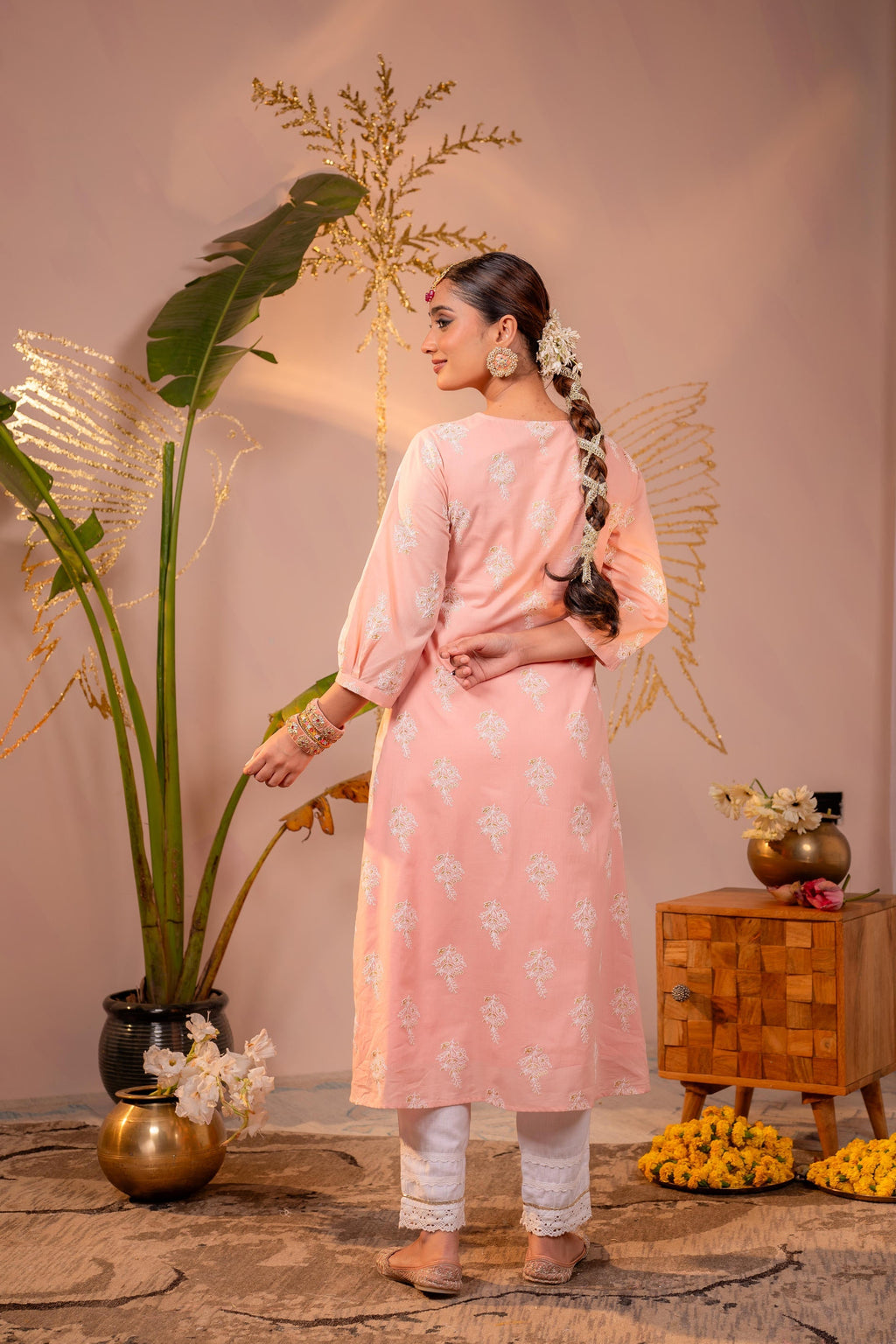 Juniper Gulnaar Peach Embroidered Kurta - Distacart