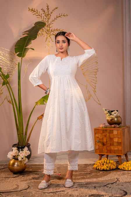 Juniper Cotton White Embroidered Kurta