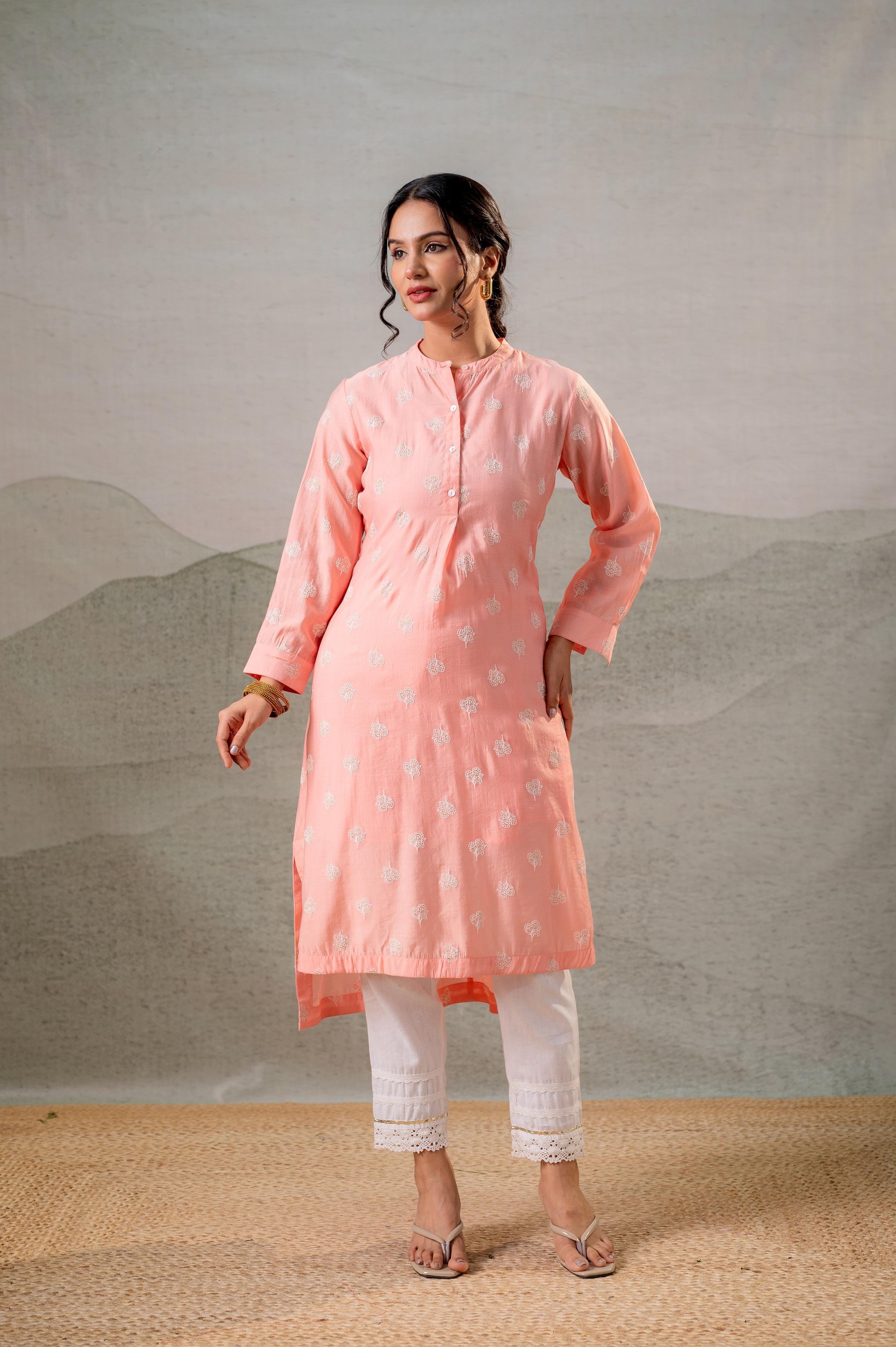 Juniper Peach Embroidered Kurta - Distacart