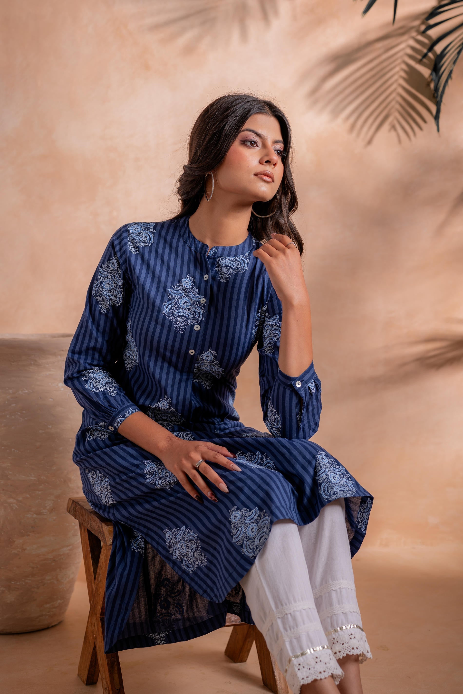 Juniper Indigo Stripe Motif Heritage Kurta - Distacart