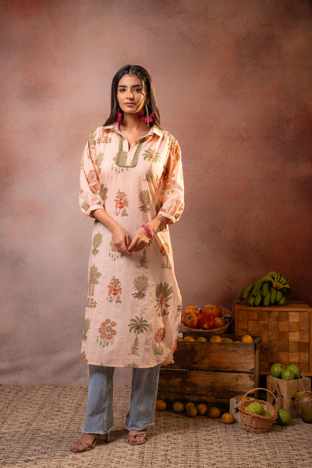 Juniper Peach Palm Motif Kurta - Distacart