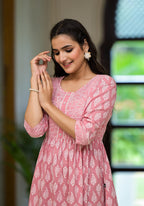 Juniper Pink Ethnic Motif Printed Cotton Short Dress with Button & Lace - Distacart