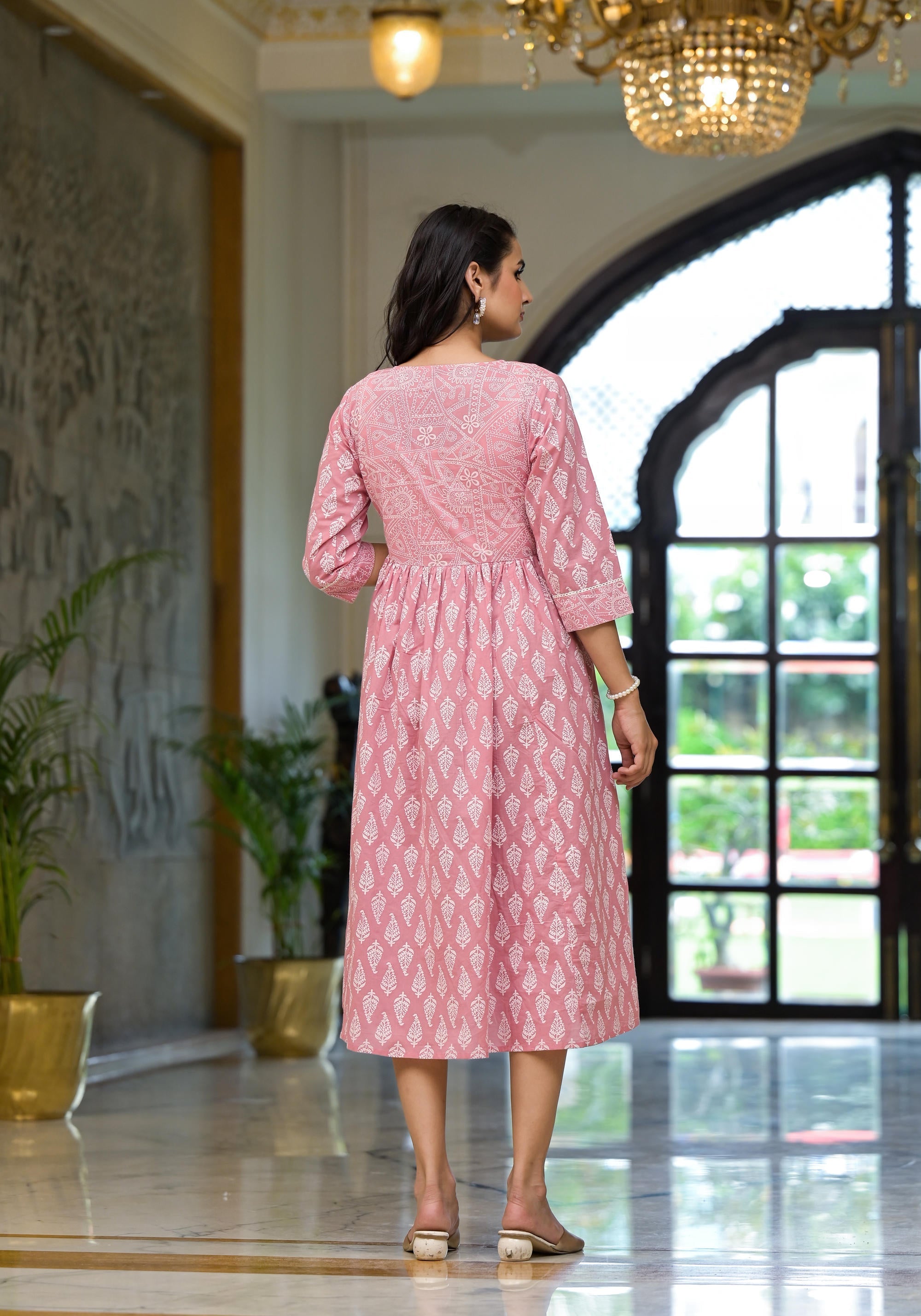 Juniper Pink Ethnic Motif Printed Cotton Short Dress with Button & Lace - Distacart